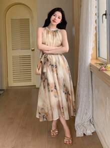 DAZY Ladies' Sleeveless Printed Halter Neck Dress Summer Sundress - Yellow - View 8