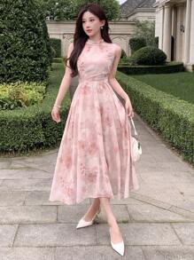 DAZY 女士夏季优雅雪纺碎花连衣裙舞会礼服太阳裙，返校服 - 粉色 - 查看 4