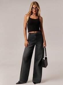 SHEIN Forever 21 春夏女士浪漫/舞会/正式/生日/90 年代/商务休闲/优雅/西部装/外出/时尚/休闲/Y2K 服装/俱乐部/办公室/鸡尾酒会/复古/紧身/狂欢服装/搞笑/优雅/老钱/街头服饰/度假/乡村音乐会/工作/端庄/春假/单身女郎服装/音乐会/坏人/基本款/毕业/蓝色水洗/低腰/宽松/直筒/阔腿/牛仔装/黑色牛仔裤 - 黑色 - 查看 3