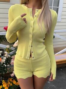 SHEIN EZwear 女式纯色长袖单排扣上衣和短裤休闲两件套 - 黃色 - 查看 5