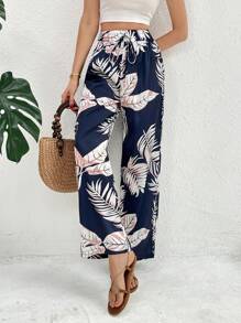 SHEIN Frenchy 热带印花休闲直筒裤 - 藍白色 - 查看 6