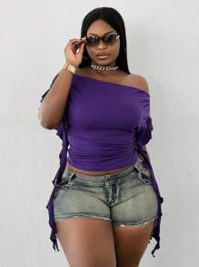 Maweii Plus Size Women Off Shoulder Patchwork Ruffle Hemline Fitted T-Shirt