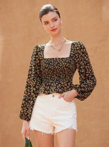 GENKIRA Yellow Ditsy Floral Retro Romantic Vacation Blouse Shirt, Spring/Summer Elegant Fashionable Style For Spring Fall - Multicolor - View 3