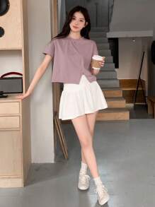 DAZY Kaos Wanita Lengan Pendek Warna Polos dengan Belahan di Bagian Bawah, Atasan Musim Panas yang Lucu - Purple - View 4