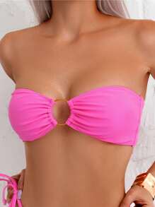 SHEIN Swim 1pc Women's Solid Color Chest Hollow Tie-Up Bikini Top - Pink - View 4