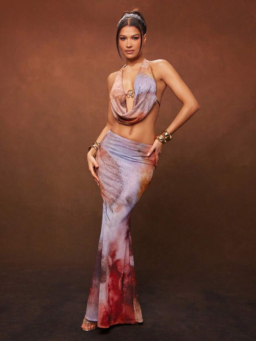 Hauture Summer Women, Women, Blue And Red Mesh Tie Dye Color Mermaid Maxi Skirt For Women, For Date Night, Concerts, Parties, Clubs, Music Festivals, Vacation