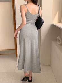 DAZY 女士吊带收腰长款修身连衣裙，返校季服装，及地长裙 - 灰色 - 查看 5