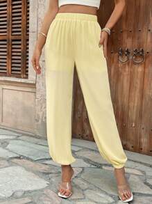 Breezaya Pantalones holgados tipo farol casuales para vacaciones de mujer, con cintura elástica, parcialmente transparentes, para primavera/verano - Amarillo - Ver 4