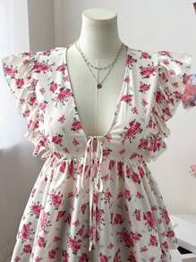 Flirla Fashionable Floral Print V-Neck Ruffle Trim Blouse With Cap Sleeves - Multicolor - View 4