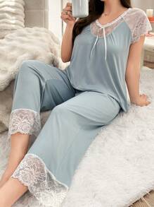 Sweet Sexy Lace Patchwork Silky Soft Plus Size Short Sleeve Top And Pants Set - Baby Blue - View 1