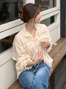 DAZY 女士蕾丝拼接荷叶边系带长袖优雅衬衫，春夏秋季女装