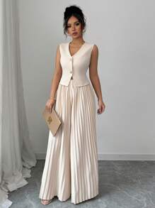 Elenzga 2 件套：纯色金属纽扣无袖衬衫和褶皱西裤，优雅女装 - 杏色 - 查看 4