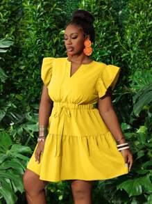 Slaydiva New Spring And Summer Casual Holiday Round Neck + V-Neck Ruffle Cap Sleeve Elastic Waist Bow Decor Layered Ruffled A-Line Mini Dress, Green Plus Size  Summer Outfits For Women Plus Size - Yellow - View 7