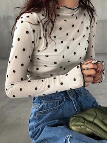 FRIFUL 女式秋季荷叶边领长袖波尔卡圆点透视衬衫 - 杏色 - 查看 3