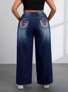 SHEIN SXY 大码女式口袋宽松阔腿休闲百搭牛仔裤 - 深色水洗藍 - 查看 2