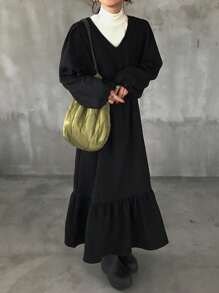 FRIFUL 女式V领荷叶边下摆长袖系腰连衣裙秋冬