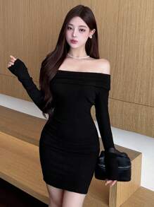 DAZY 1 件女士露肩迷你连衣裙，短款返校装优雅秋季连衣裙长袖连衣裙