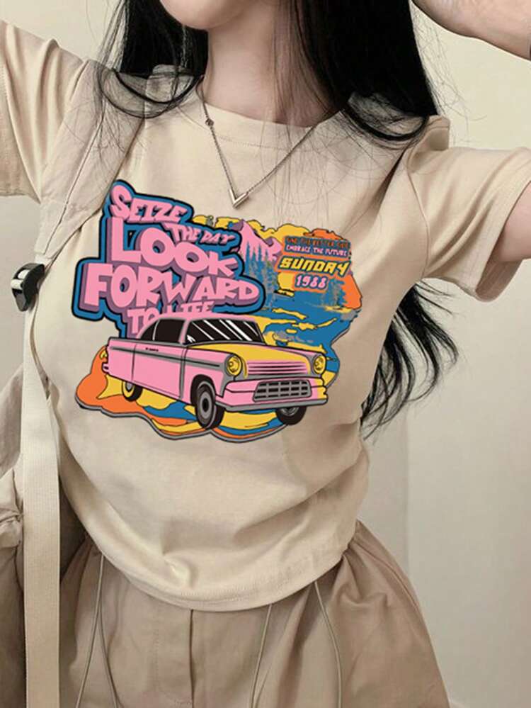 Women's Car & Letter Printed T-Shirt,Graphic Tees,Teacher Outfits