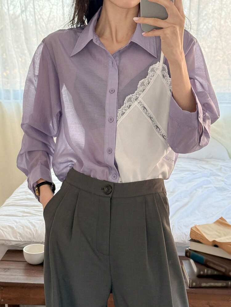 Women's Casual Long Sleeve Lace Patchwork Loose Blouse, Unique Design