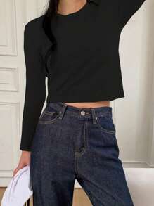 DAZY 女士纯黑色圆领长袖 T 恤，百搭春夏学院风上衣 - 黑色 - 查看 3