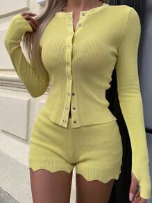 SHEIN EZwear 女式纯色长袖单排扣上衣和短裤休闲两件套 - 黃色 - 查看 3