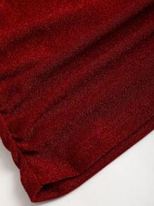 Sweetra 勃艮第金线和银色丝滑柔软面料 V 领褶皱露背背心和高开叉百褶裙 2 件套，时尚简约优雅，适合约会、聚会、派对、女士、春夏