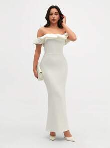 CLARA VERO Two Tones Off Shoulder Ruffle Trim Bodycon Dress, Elegant Dress - White - View 6