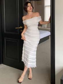 DAZY Damen Off-Shoulder Spitzenkleid für Partys, Hochzeiten, Geburtstage, Homecoming, elegantes Sommerkleid für Hochzeiten