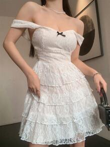 DAZY Abito a balze con inserti in pizzo e rete, arricciatura in vita, per donne in estate. Abito a balze da festa, abito da sole, outfit da club per donne