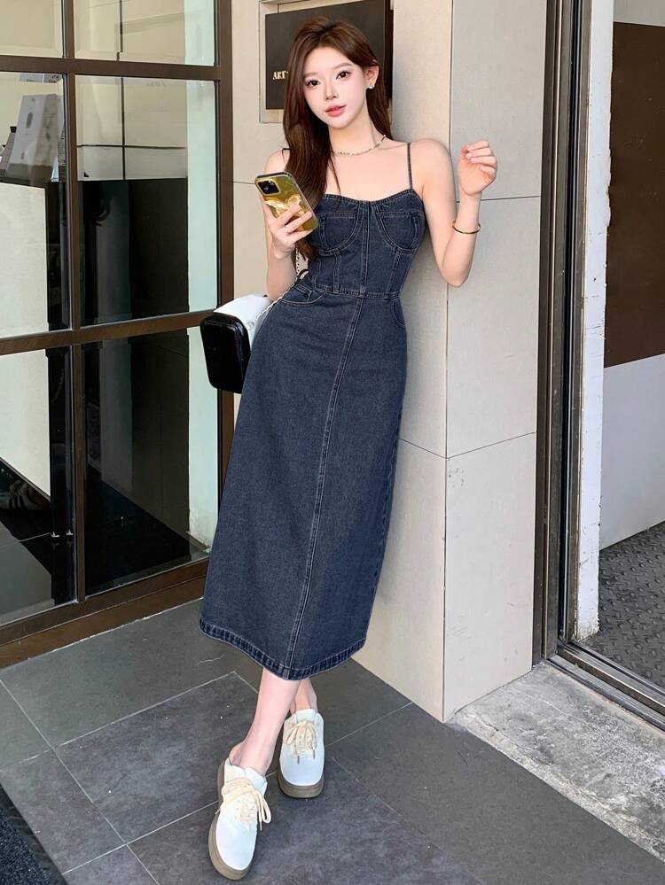 Women's Long Casual Denim Overall Dress With Pockets Sundress Maxi Dress