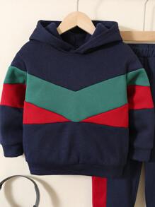 SHEIN 2 peças/conjunto de moletom com capuz e calças casuais para meninos, moda simples, prática, fofa, macia, grossa e quente, adequado para roupas infantis de volta às aulas, roupas escolares para meninos, adequadas para o dia a dia, escola, atividades ao ar livre, esportes, temporada outono/inverno - Azul Real - Ver 5