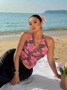 POPSWAY 露肩甜美花卉豹纹印花网眼短款背心，性感别致的女士海滩/度假风格 - 彩色 - 查看 4