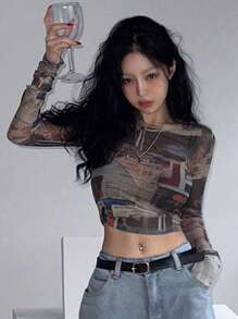 DAZY 女士网眼印花修身短款上衣，节日花朵度假海滩装，春夏长袖女上衣，秋季女装 - 彩色 - 查看 7