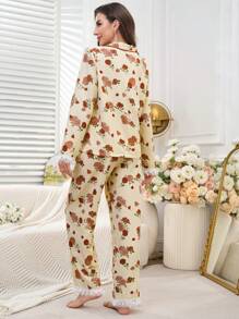 2 Pieces Women Burgundy Rose Romantic Pajama Set