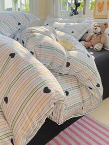 3pcs Minimalist Solid Color & Heart Multicolor Line Print Duvet Cover Set (1 Duvet Cover + 2 Pillowcases, Without Inserts), Soft & Comfortable, Machine Washable