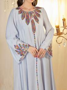 Al Najma Arabic Style Dress With Round Neck, Sequins Decor, Floral Pattern, Bell Sleeve And Flared Hem, Arabian Dresses,Modest - Blue - View 1