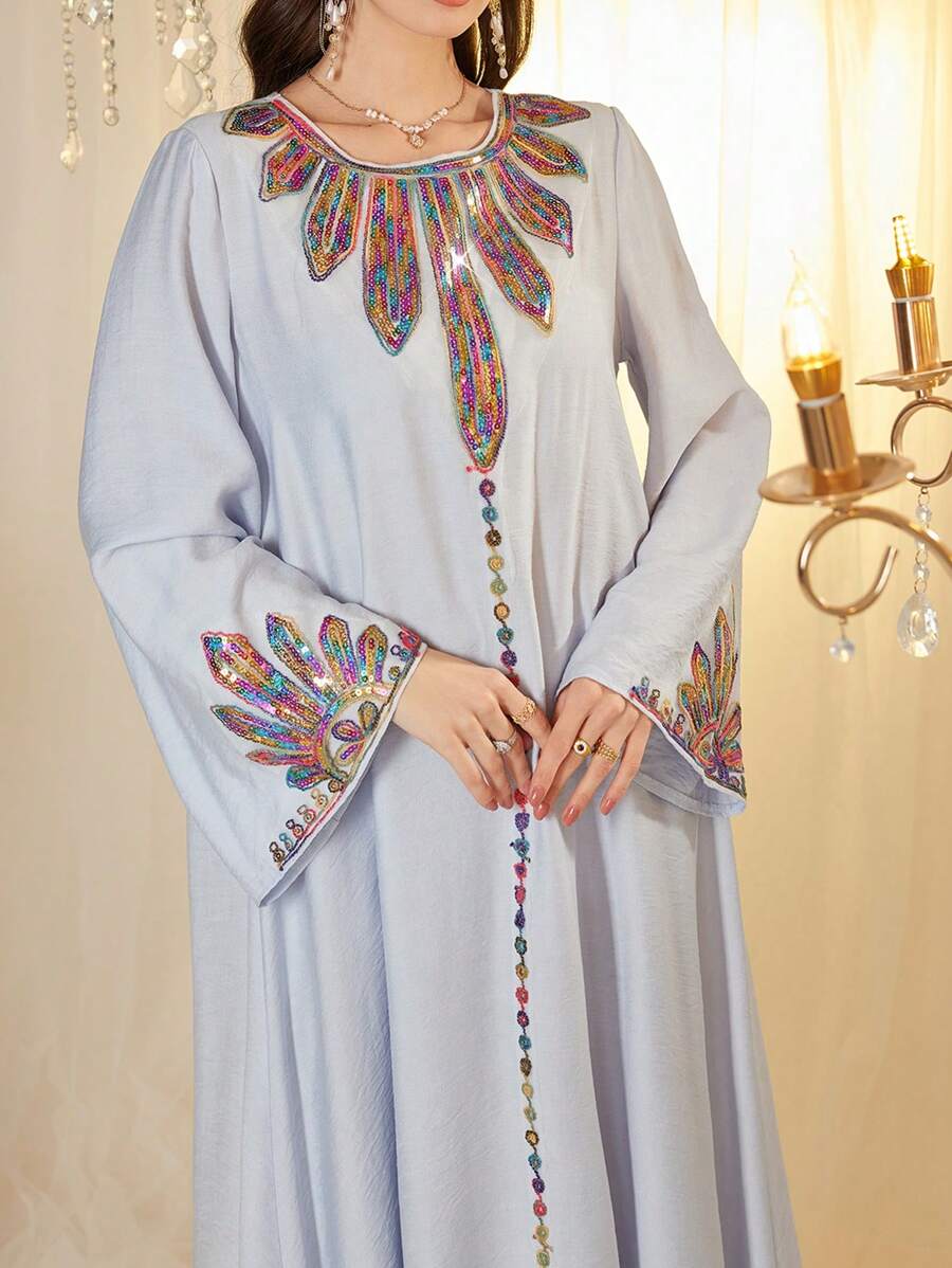 Al Najma Arabic Style Dress With Round Neck, Sequins Decor, Floral Pattern, Bell Sleeve And Flared Hem, Arabian Dresses,Modest - Blue - View 1