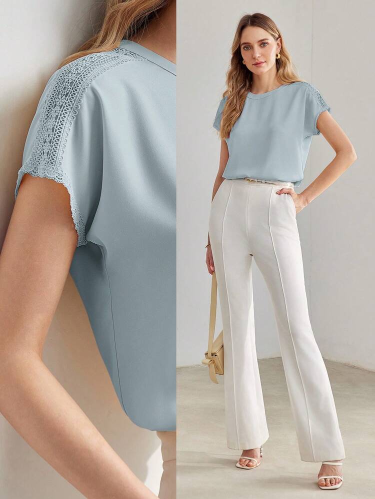 CONTRAST LACE SHORT SLEEVE BLOUSE