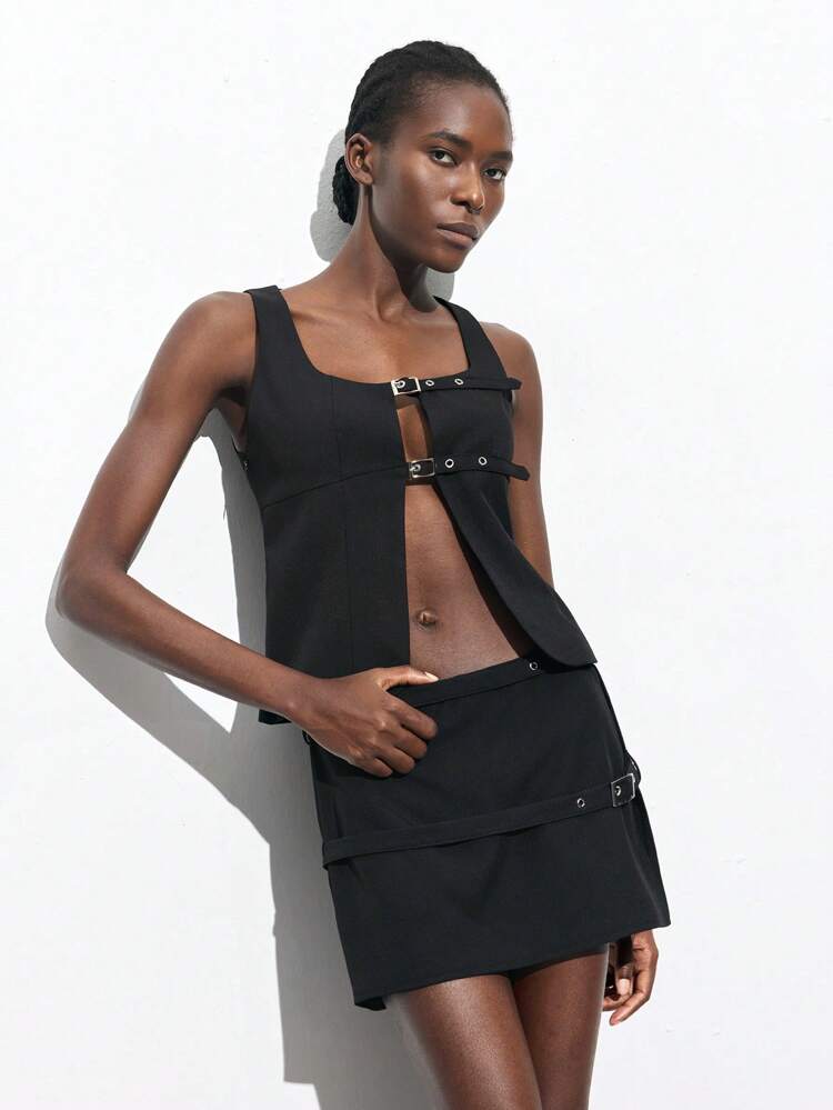 SHEIN Maija Women's Black Adjustable Button Open Hem Square Neck Sleeveless Top