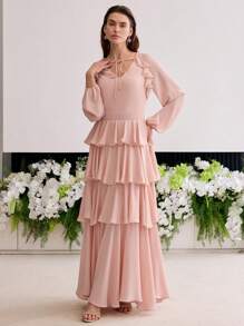 MOTF Soiréza Vestido de nudo con volantes y capas - Rosa Pálido - Ver 4