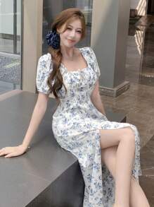 DAZY Blue & White Porcelain Ditsy Floral Waist Cinched Split Hem Tea-Length Dress For Women Summer,Milkmaid Dress Sundress Vacation Outfits Women - Blue - View 13