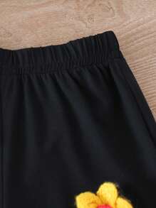 2 Stücke/Set Säugling/Kleinkind Mädchen Frühling/Sommer Lässig Modisch Süß Farbig 3D Blumen Dekor Weicher Strick Kurzarm Rundhals T-Shirt Top und Loose Shorts Outfit, 1-3 Jahre alt, Schwarz, Komfortabler Stylischer OOTD