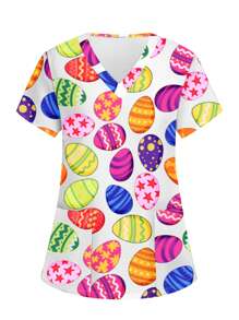 PopScrub V-Neck Easter Egg Print Short Sleeve Scrub Top