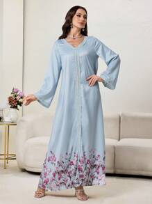Al Najma Vestido modesto de estilo árabe con impresión floral, patchwork y cuello en V de manga larga con cinta