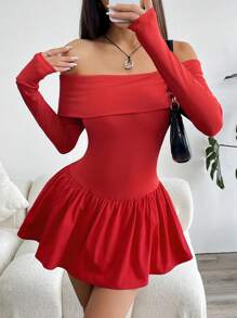 SHEIN EZwear Vestido corto rojo con hombros descubiertos y drapeado - Rojo - Ver 6