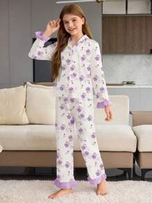 SHEIN Tween Girl Tulip Print 2 Pieces Lounge Set With Long Sleeve Top And Pants, Minimalist Design, Purple