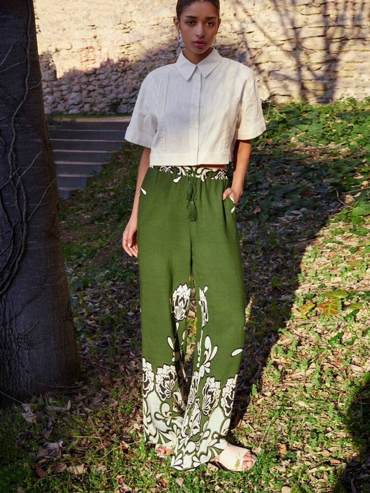 SHEIN Maija Women's Green Floral Print High Waist Drawstring Tie Loose Beach Vacation Bohemian Casual Pants, Summer Vacation Woman