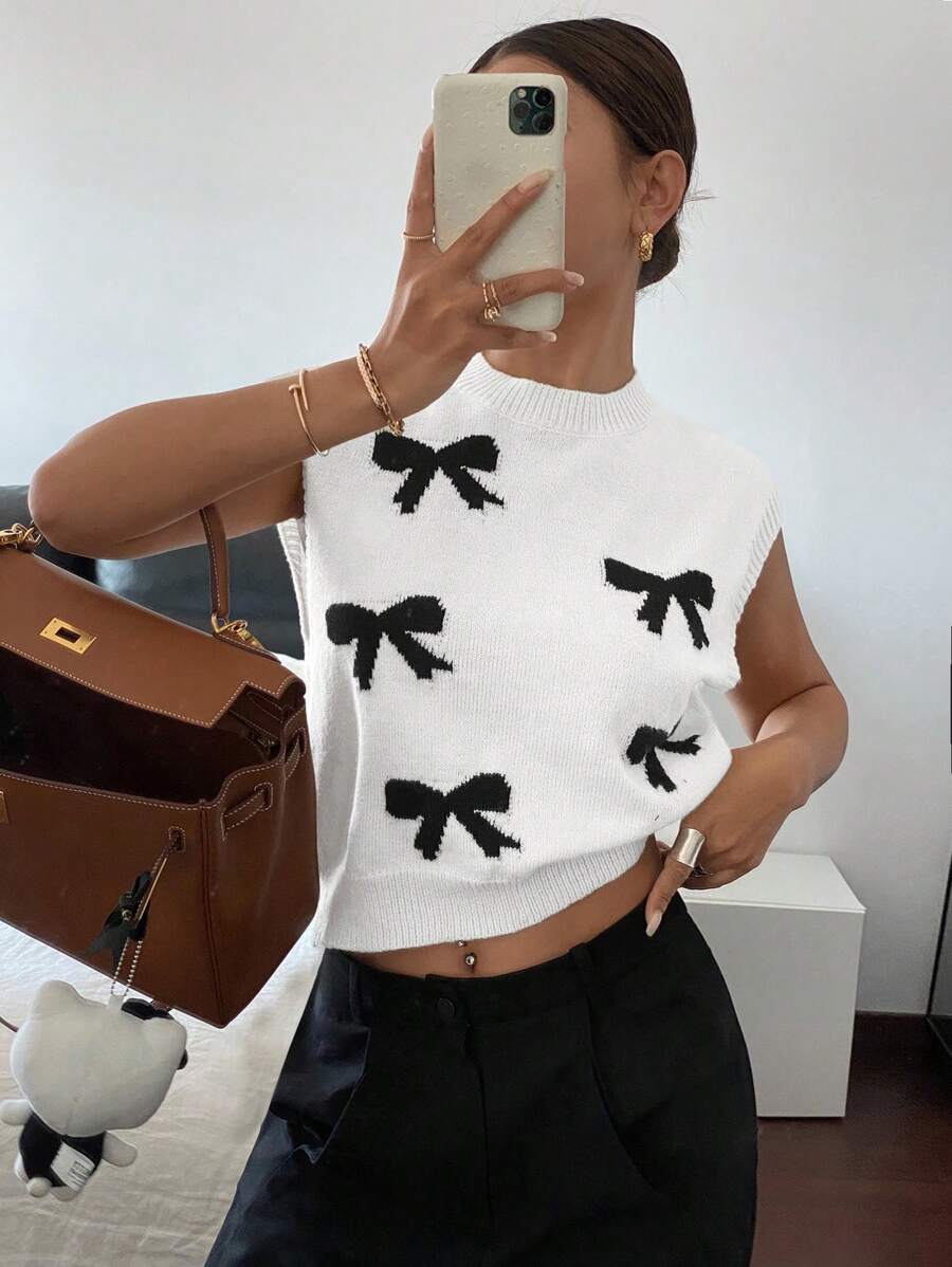 SHEIN Frenchy Áo vest nơ không tay cho nữ, thời trang tối giản, phù hợp cho mùa xuân và mùa thu - Đen và trắng - Xem 1