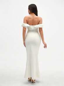 CLARA VERO Two Tones Off Shoulder Ruffle Trim Bodycon Dress, Elegant Dress - White - View 3
