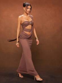 Hauture Front Cut Out And Long Wrap Maxi Dress - Coffee - View 4